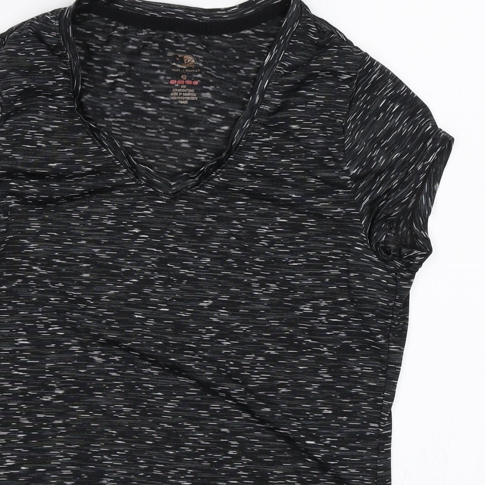 Close-up detail of women’s black basic t-shirt, size UK 8