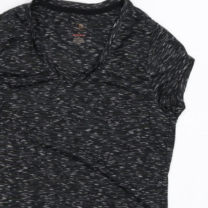 Close-up detail of women’s black basic t-shirt, size UK 8