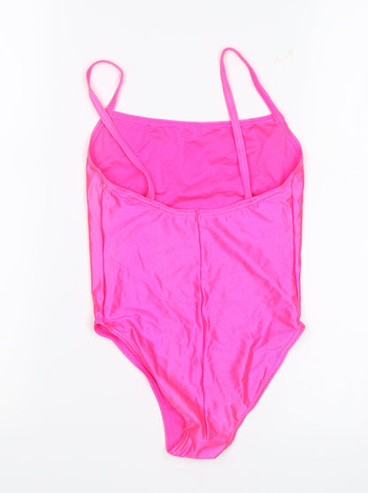 Back view of Dance Warehouse women’s pink leotard one-piece, size UK 2