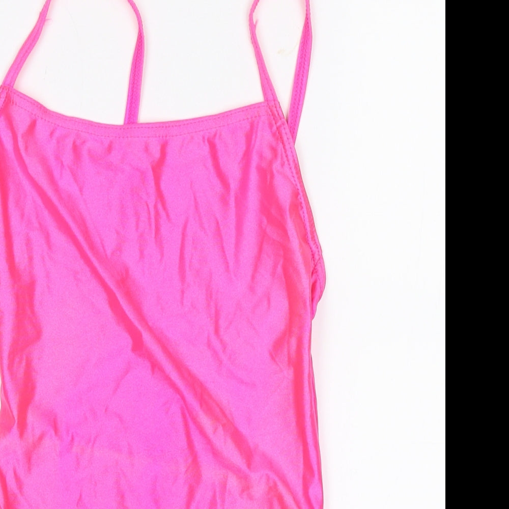 Close-up detail of Dance Warehouse women’s pink leotard one-piece, size UK 2