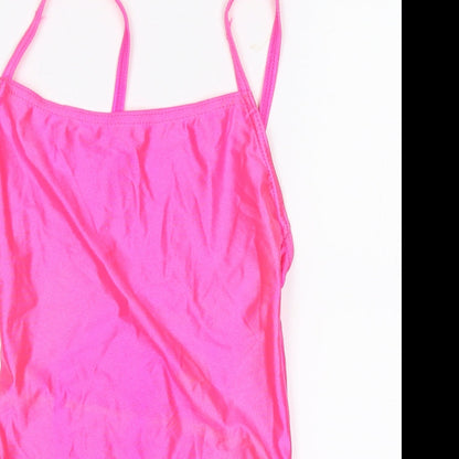 Close-up detail of Dance Warehouse women’s pink leotard one-piece, size UK 2