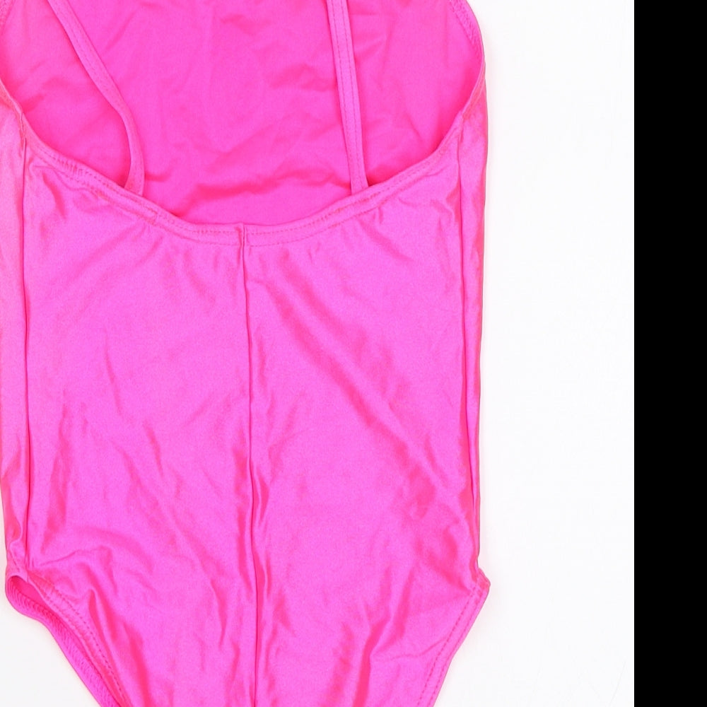 Brand and care label for Dance Warehouse women’s pink leotard one-piece, size UK 2