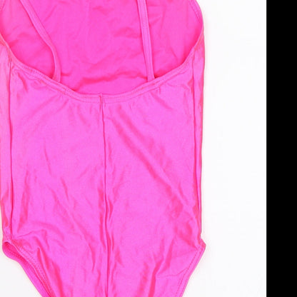 Brand and care label for Dance Warehouse women’s pink leotard one-piece, size UK 2