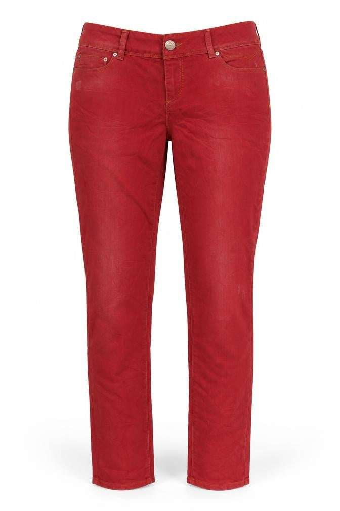 Front view of Only women’s red denim straight jeans, size UK 31, in, 32-inch leg