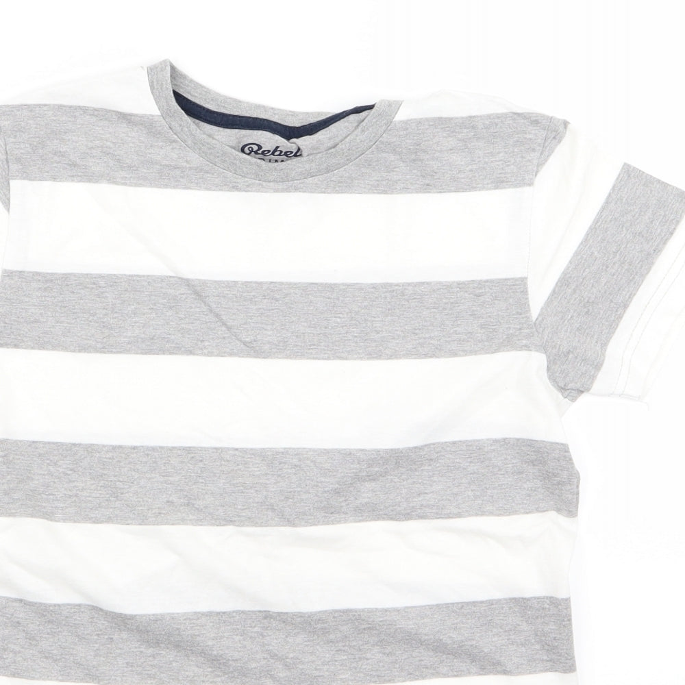 Close-up detail of Rebel boys’ white striped basic t-shirt, size 10-11, years
