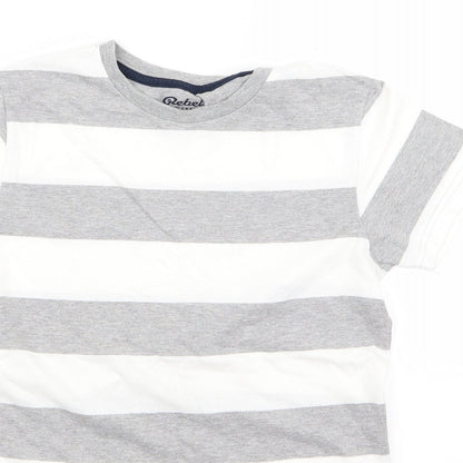 Close-up detail of Rebel boys’ white striped basic t-shirt, size 10-11, years