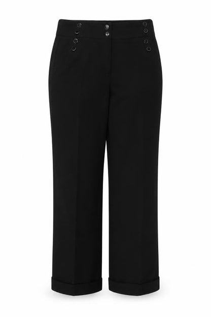 Front view of Preworn women’s black trousers, size UK 16, 29-inch leg