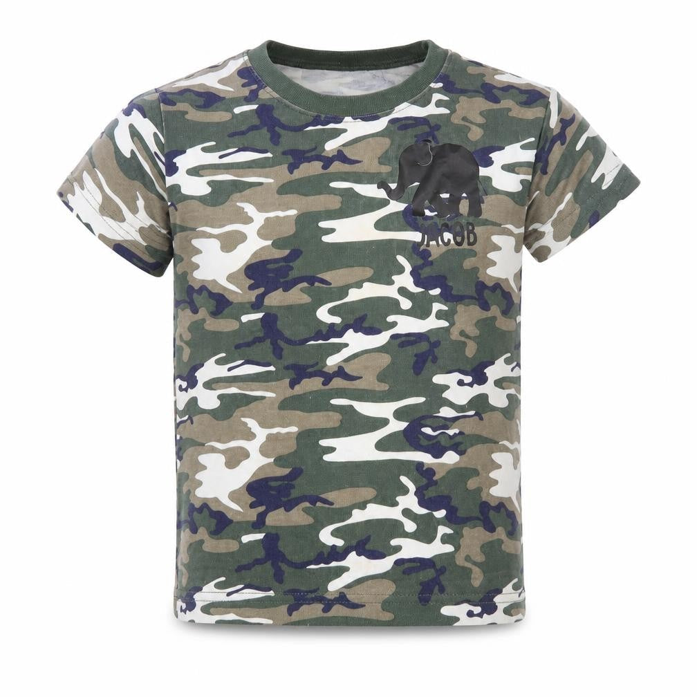 Front view of Preworn boys’ green camouflage basic t-shirt, size 4-5, years