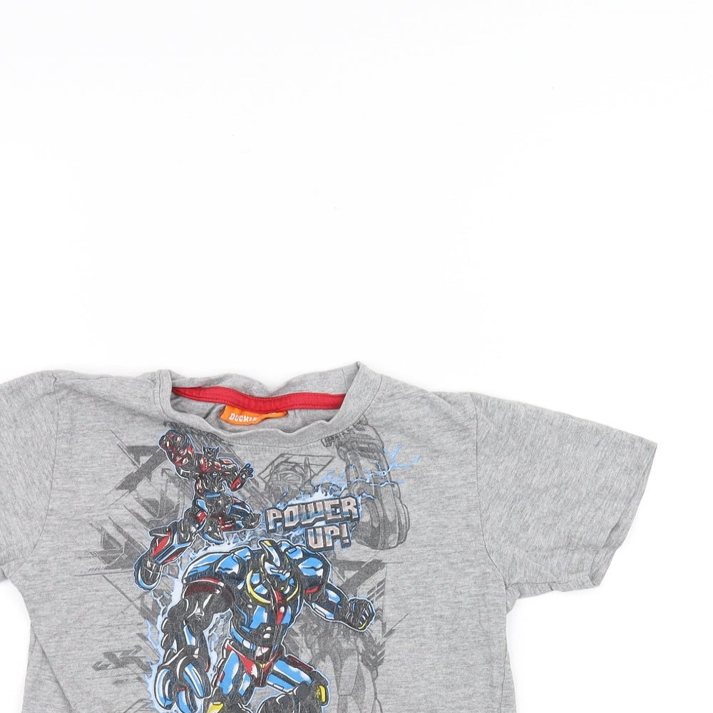 Close-up detail of Duck and Cover boys’ grey basic t-shirt, size 4-5, years