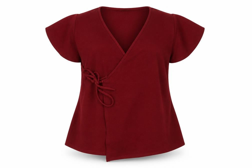 Front view of Boohoo women’s red cardigan jumper, size UK 14