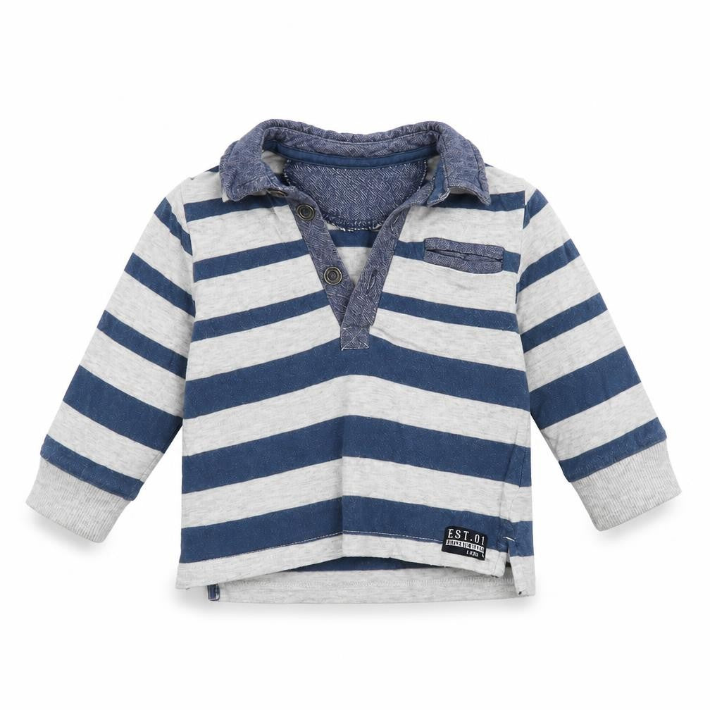 Front view of F&F Baby Blue Striped Basic Polo, size 3-6, Months