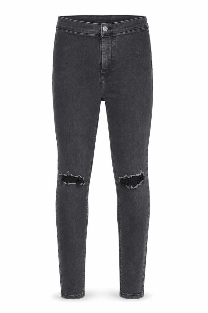 Front view of Topshop women’s black denim skinny jeans, size UK 28, 32-inch leg