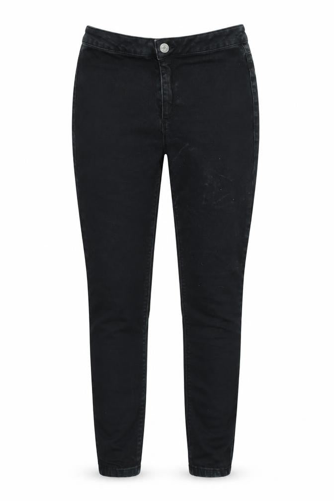 Front view of Missguided women’s black denim skinny jeans, size UK 10, 25-inch leg