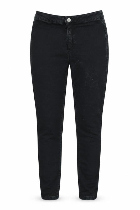Front view of Missguided women’s black denim skinny jeans, size UK 10, 25-inch leg