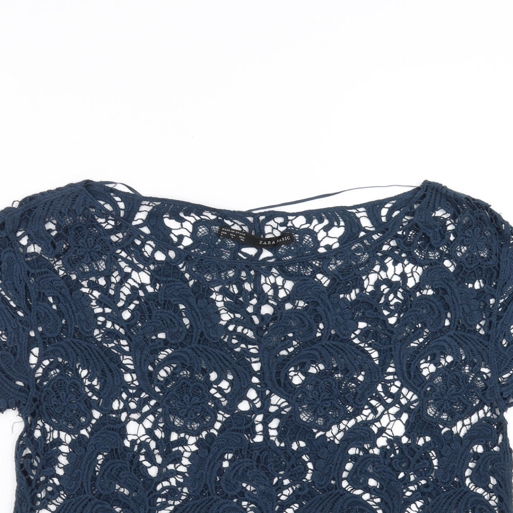 Zara Womens Blue Floral  Basic Blouse Size S  - lace