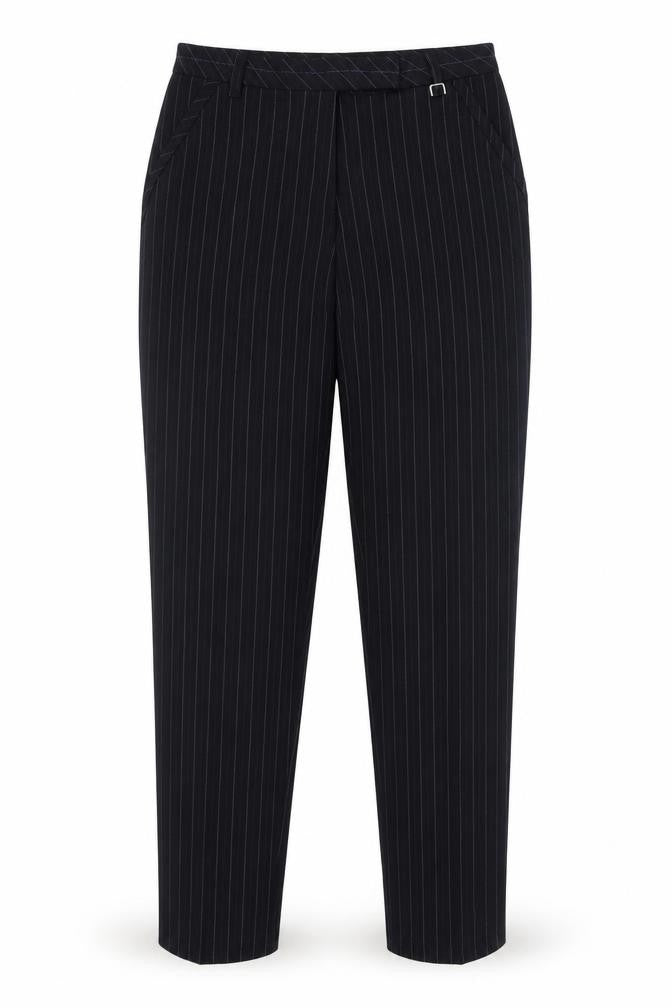 Front view of Marks & Spencer women’s black striped dress pants trousers, size UK 10, 27-inch leg
