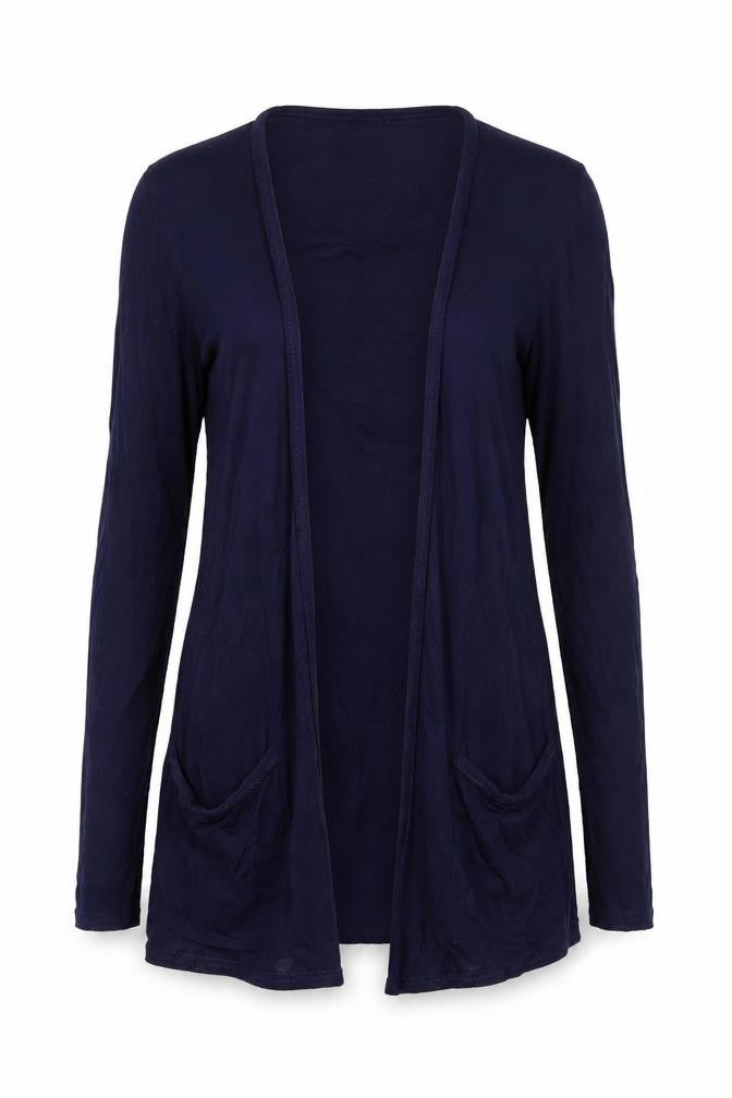 Front view of Decoy women’s blue jersey cardigan jumper, size M