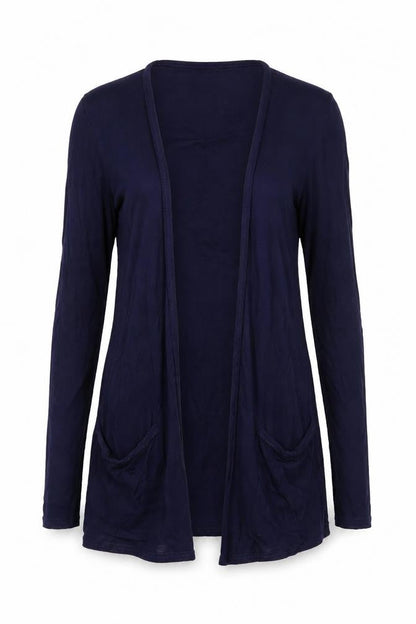 Front view of Decoy women’s blue jersey cardigan jumper, size M