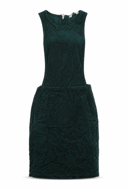 Front view of Miss Selfridge women’s green corduroy pinafore/dungaree dress, size UK 6