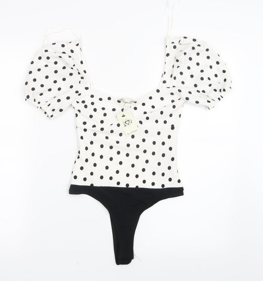 Miss Selfridge Womens White Polka Dot  Bodysuit One-Piece Size 4