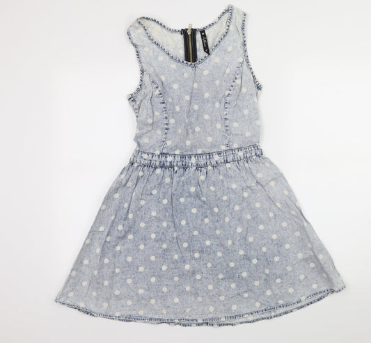 Influence Womens Blue Polka Dot Denim Skater Dress  Size 8