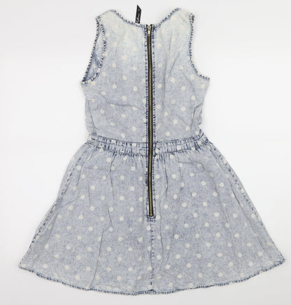 Influence Womens Blue Polka Dot Denim Skater Dress  Size 8