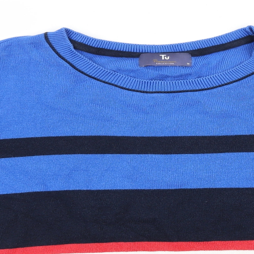 TU Womens Blue Striped Knit Basic T-Shirt Size 14