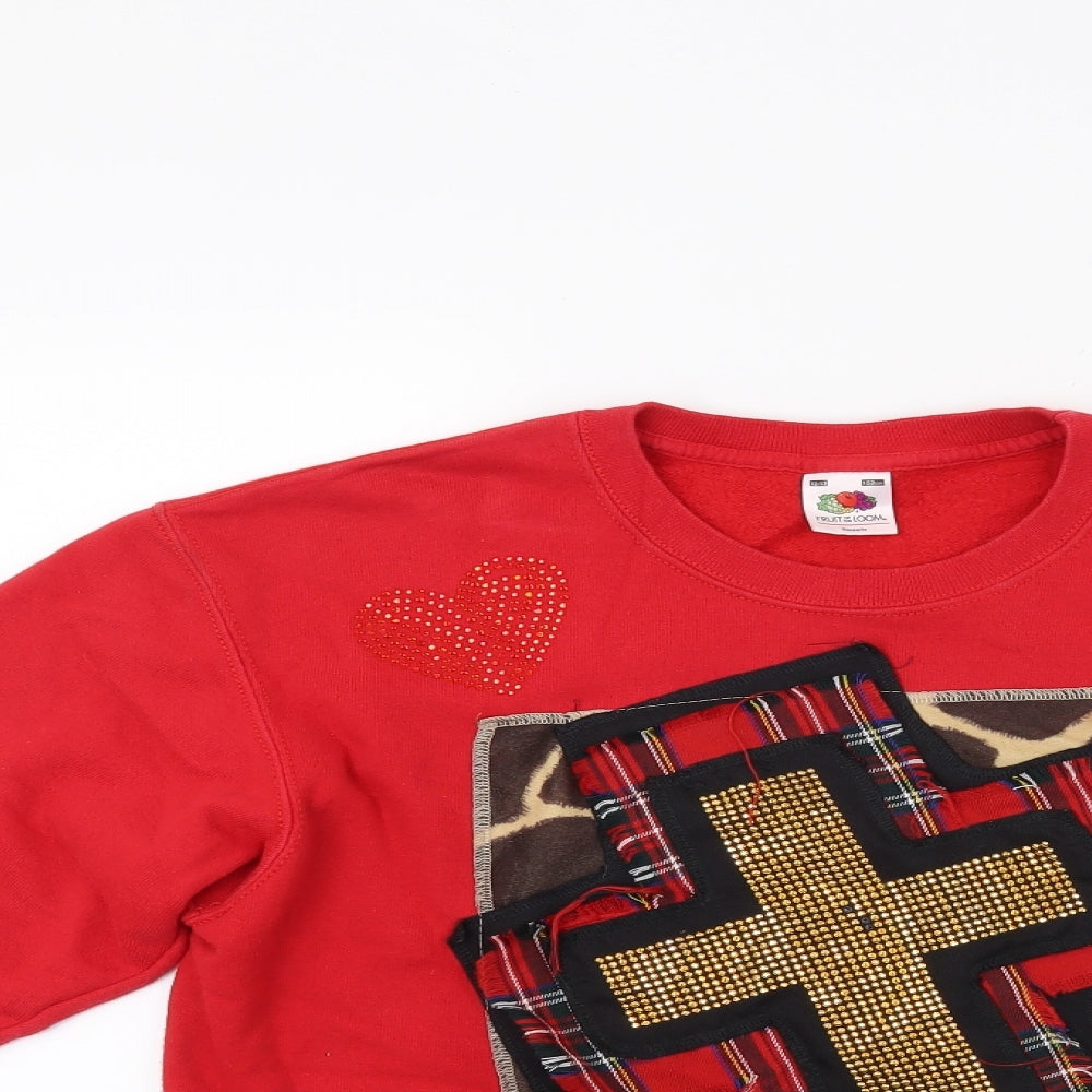 Fruit of the Loom Girls Red  Jersey Pullover Sweatshirt Size 13 Years  - Cross Print