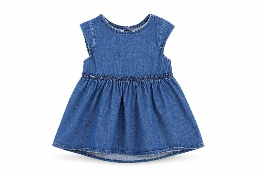Front view of Next girls’ blue denim fit & flare, size 0-3, months