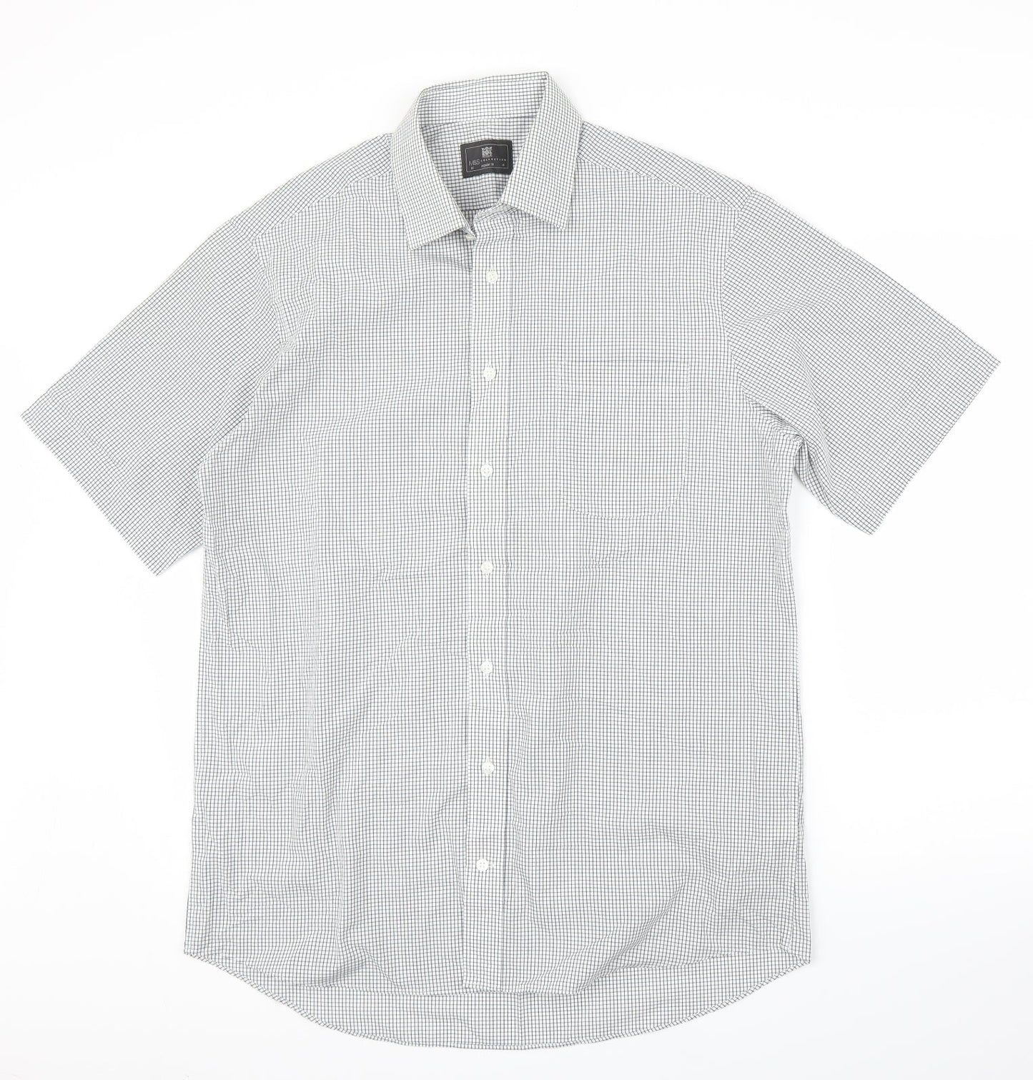 Mens UK Size 16 M&S Grey  Button-Up Short Sleeve Casual Shirt