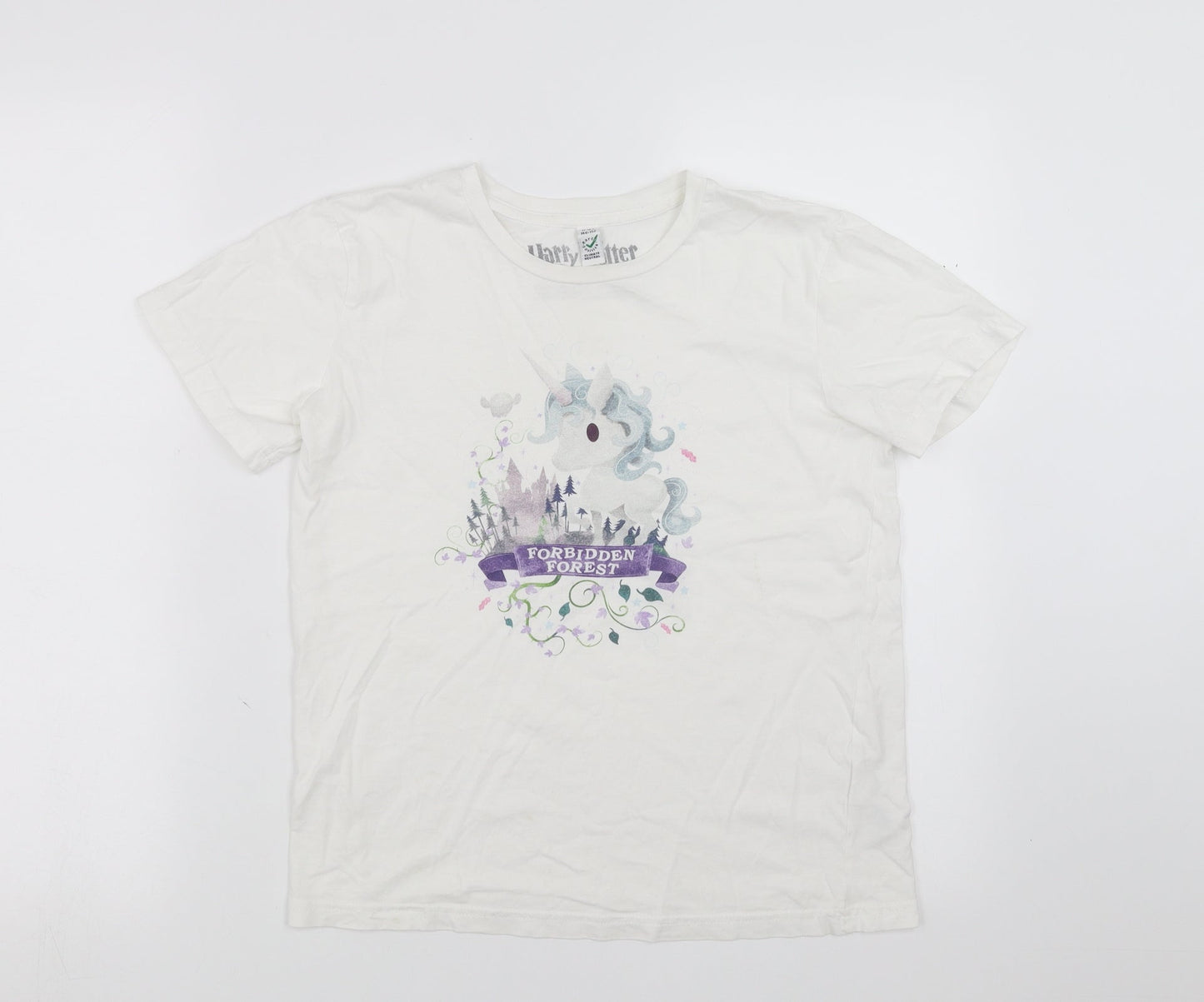 Earth Positive Girls White   Basic T-Shirt Size 11-12 Years  - unicorn
