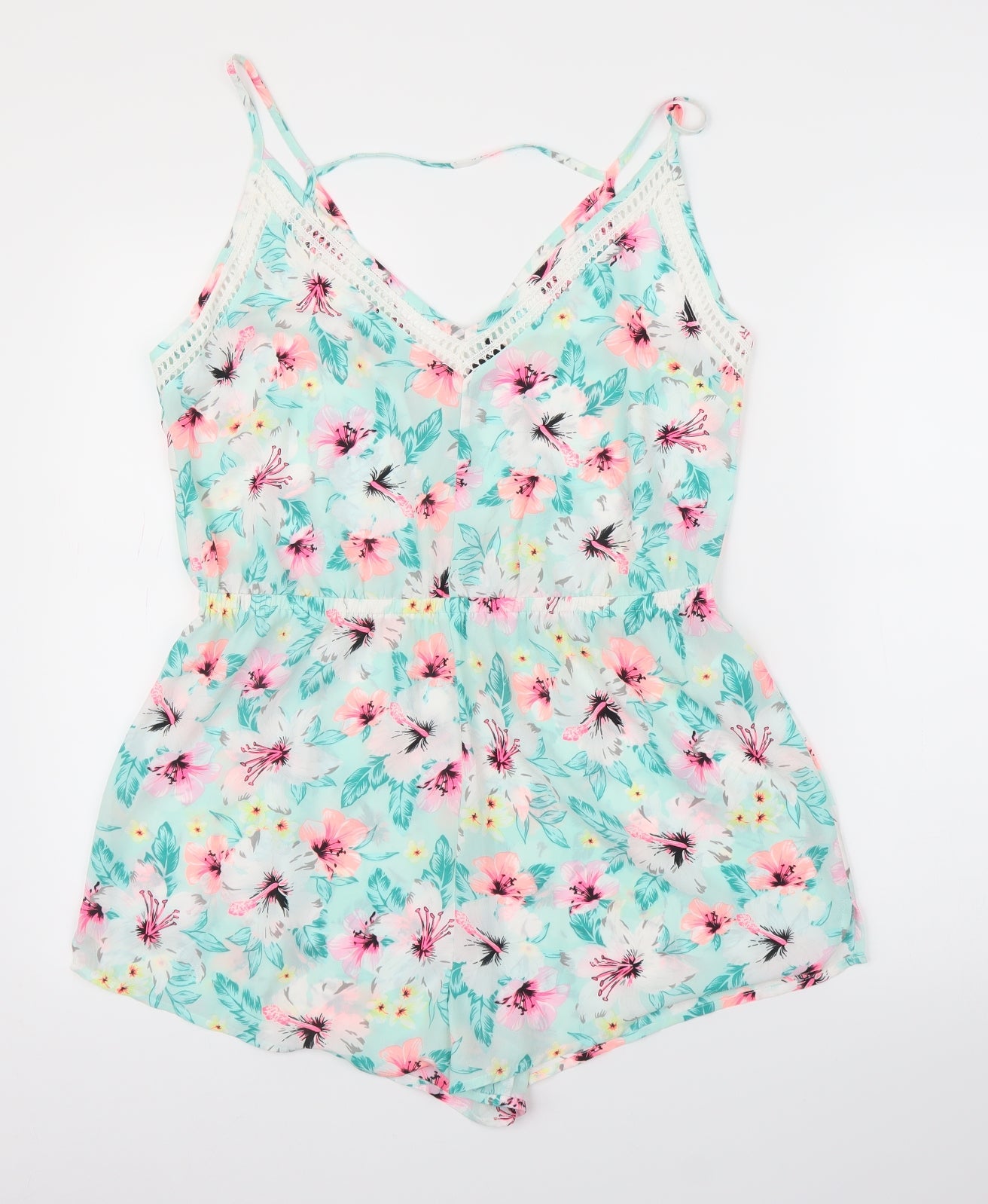 New Look Womens Blue Floral  Romper One-Piece Size L