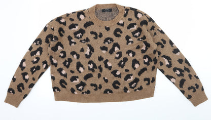 Bershka Womens Brown Animal Print Knit Pullover Jumper Size S