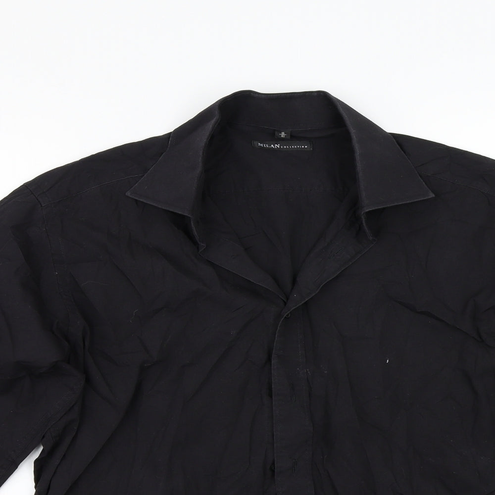 Mens UK Size 16 Milan Black  Button-Up Long Sleeve Casual Shirt