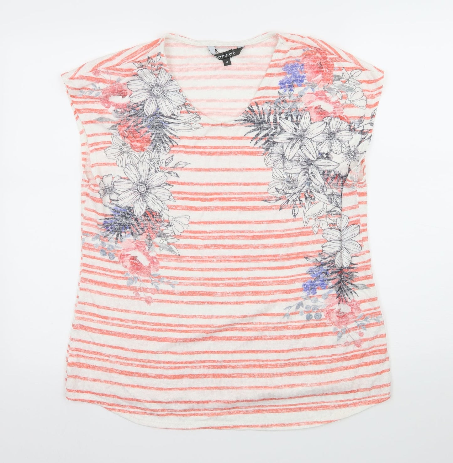 Bonmarché Womens Orange Striped Knit Basic T-Shirt Size 12