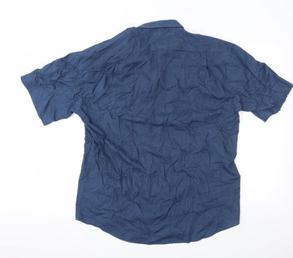 Mens UK Size 16.5 Essentials Blue  Button-Up Short Sleeve Casual Shirt
