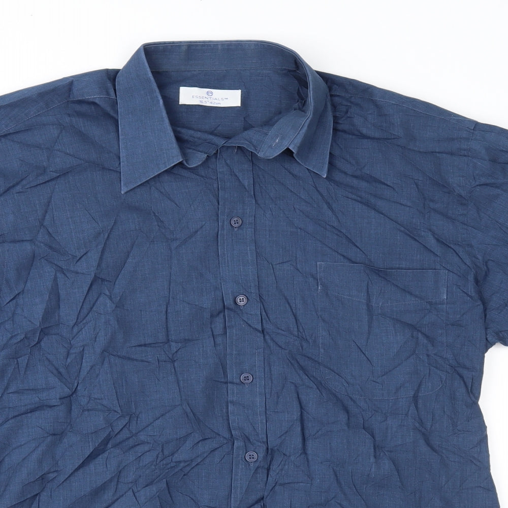 Mens UK Size 16.5 Essentials Blue  Button-Up Short Sleeve Casual Shirt