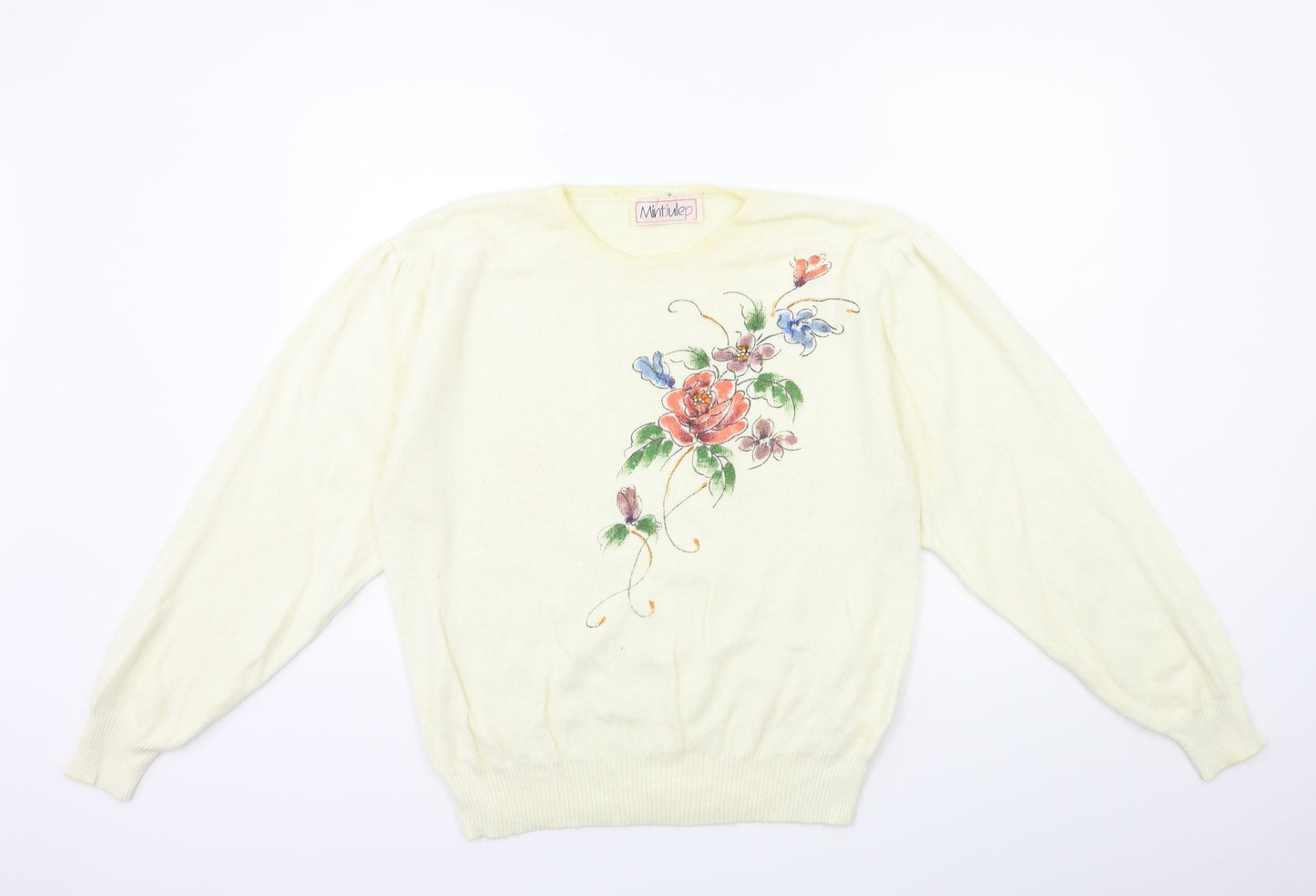 MINT JULEP Womens White Floral Knit Pullover Jumper Size L