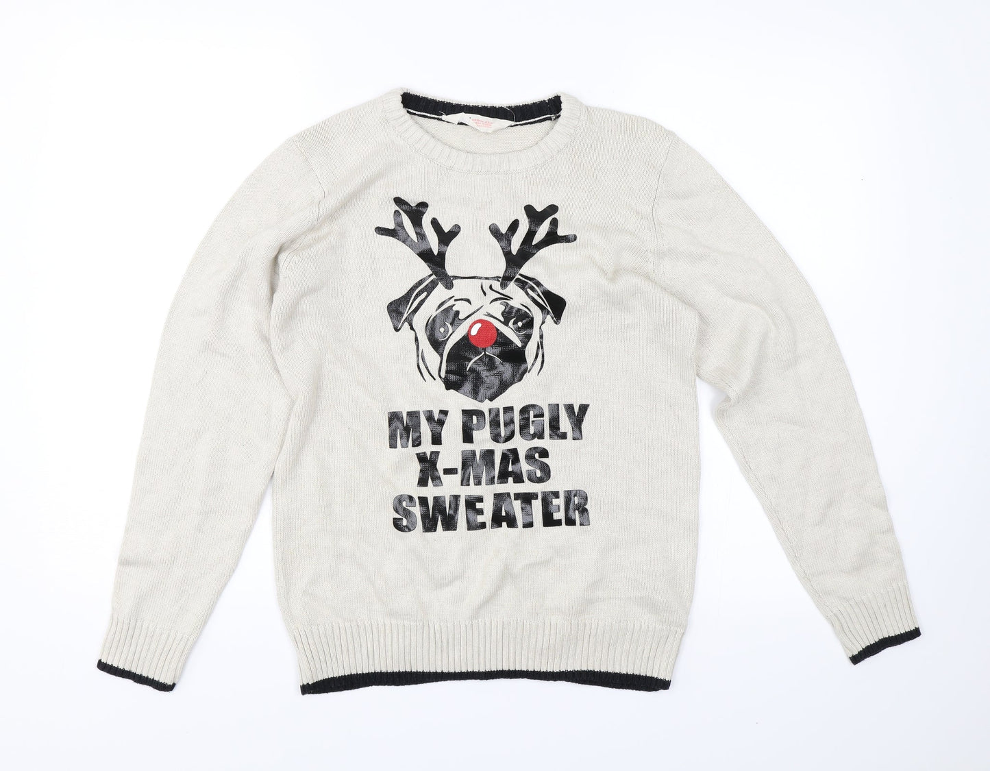 H&M Girls Brown   Pullover Jumper Size 13-14 Years  - My pugly x-mas jumper