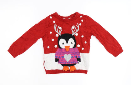 M&Co Girls Red  Knit Pullover Jumper Size 2-3 Years  - Winter Penguin
