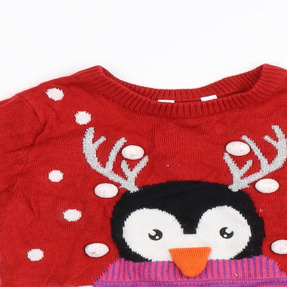 M&Co Girls Red  Knit Pullover Jumper Size 2-3 Years  - Winter Penguin