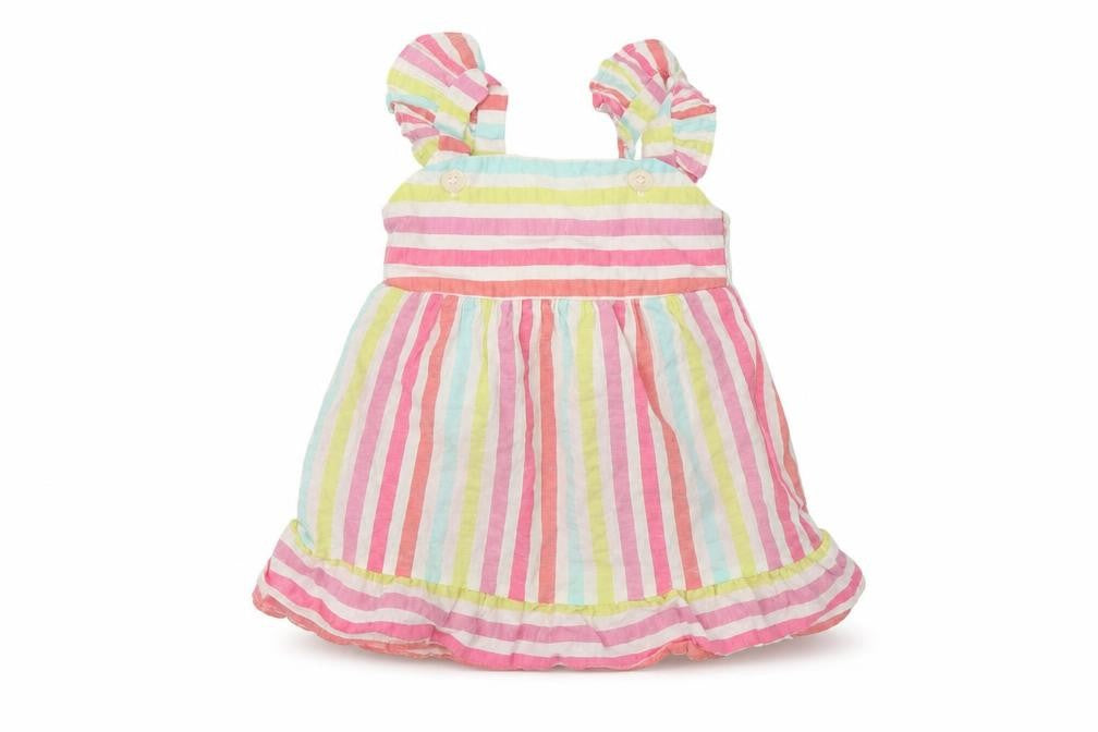 Front view of F&F girls’ multicoloured striped a-line, size 6-9, months
