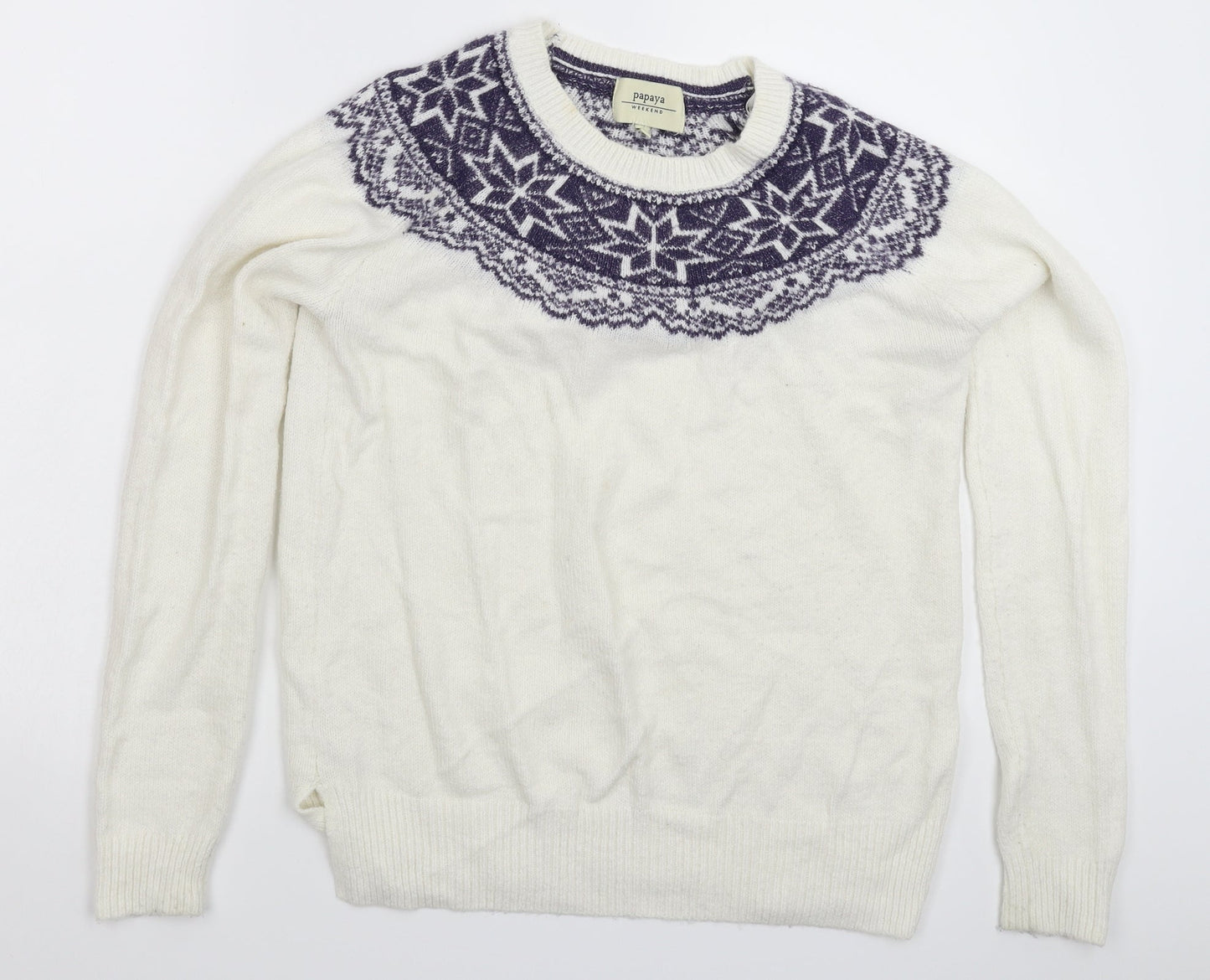 Papaya Womens White Geometric Knit Pullover Jumper Size S