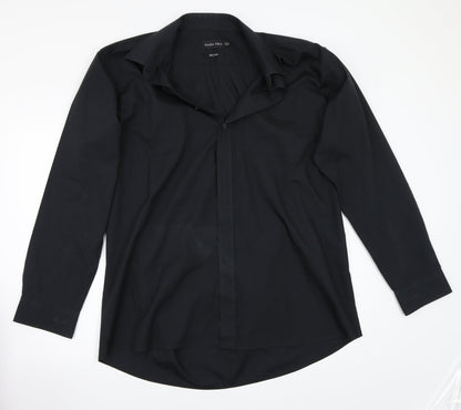 Mens UK Size 17 Double TWO Black  Button-Up Long Sleeve Casual Shirt