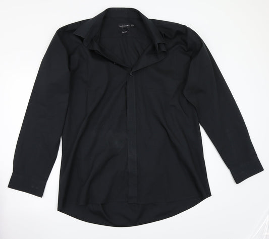 Mens UK Size 17 Double TWO Black  Button-Up Long Sleeve Casual Shirt