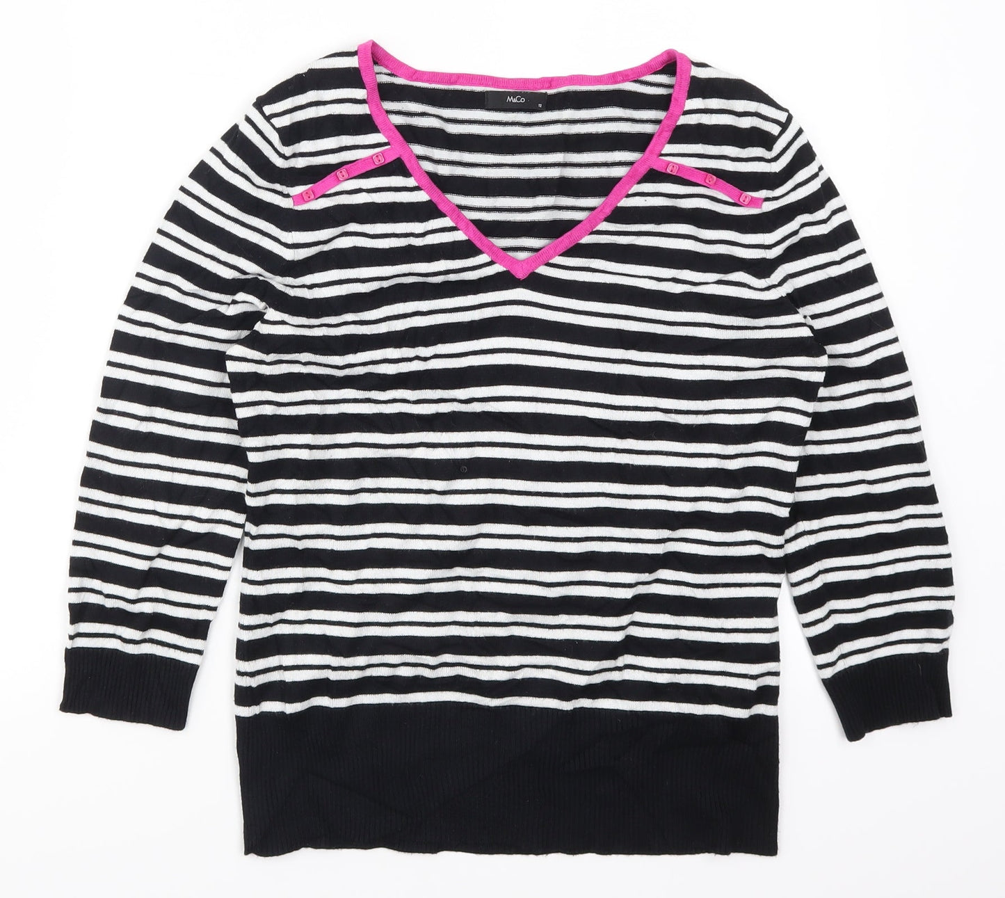 M&Co Womens Black Striped Knit Pullover Jumper Size 12  - Black and White