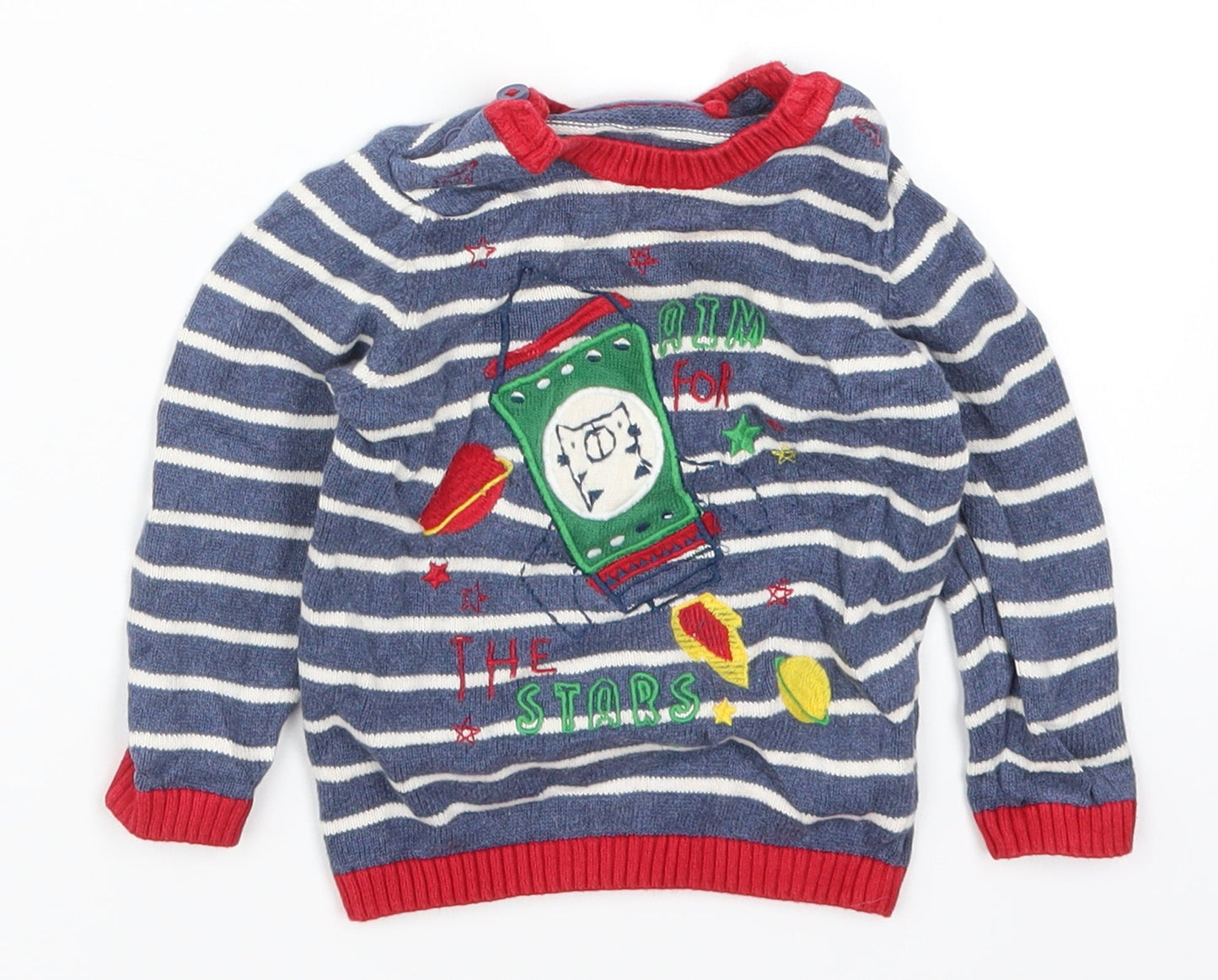 TU Boys Blue Striped  Pullover Jumper Size 6-9 Months  - Aim for the Stars