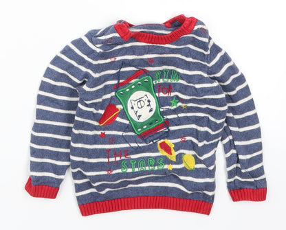 TU Boys Blue Striped  Pullover Jumper Size 6-9 Months  - Aim for the Stars