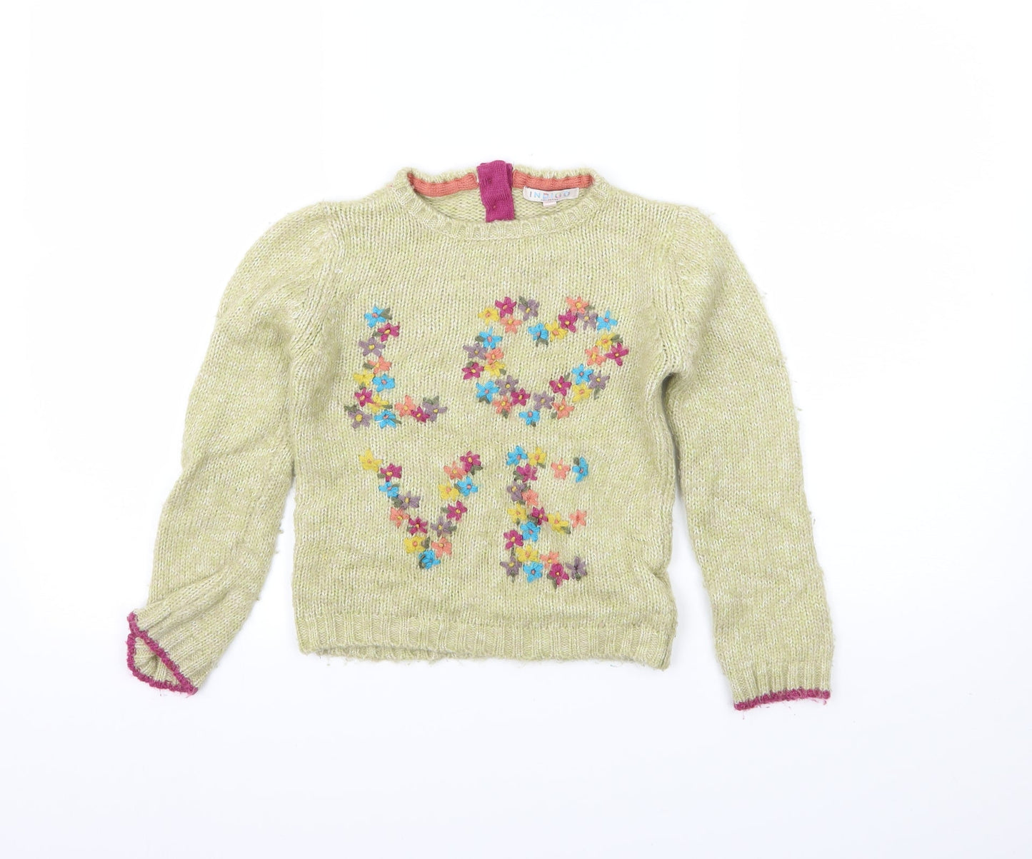 Indigo Girls Green Floral Knit Pullover Jumper Size 5-6 Years  - Love