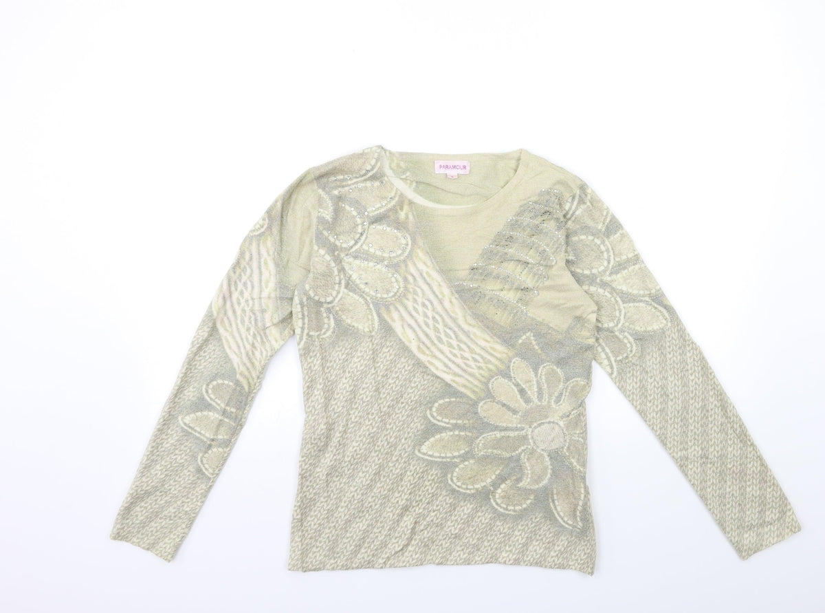 paramour Womens Green Floral Knit Pullover Jumper Size S